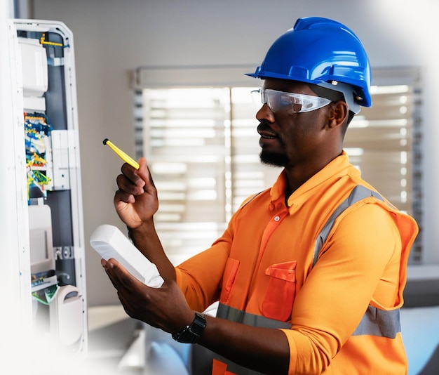 Professional electrician checking electrical panel